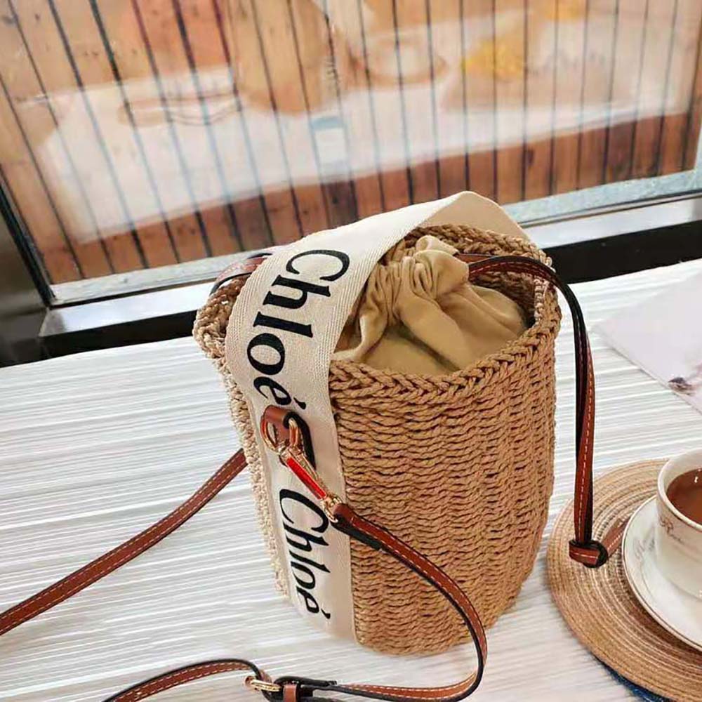 Side angle showing shape and gold-tone hardware of Chloe Women Small Woody Basket