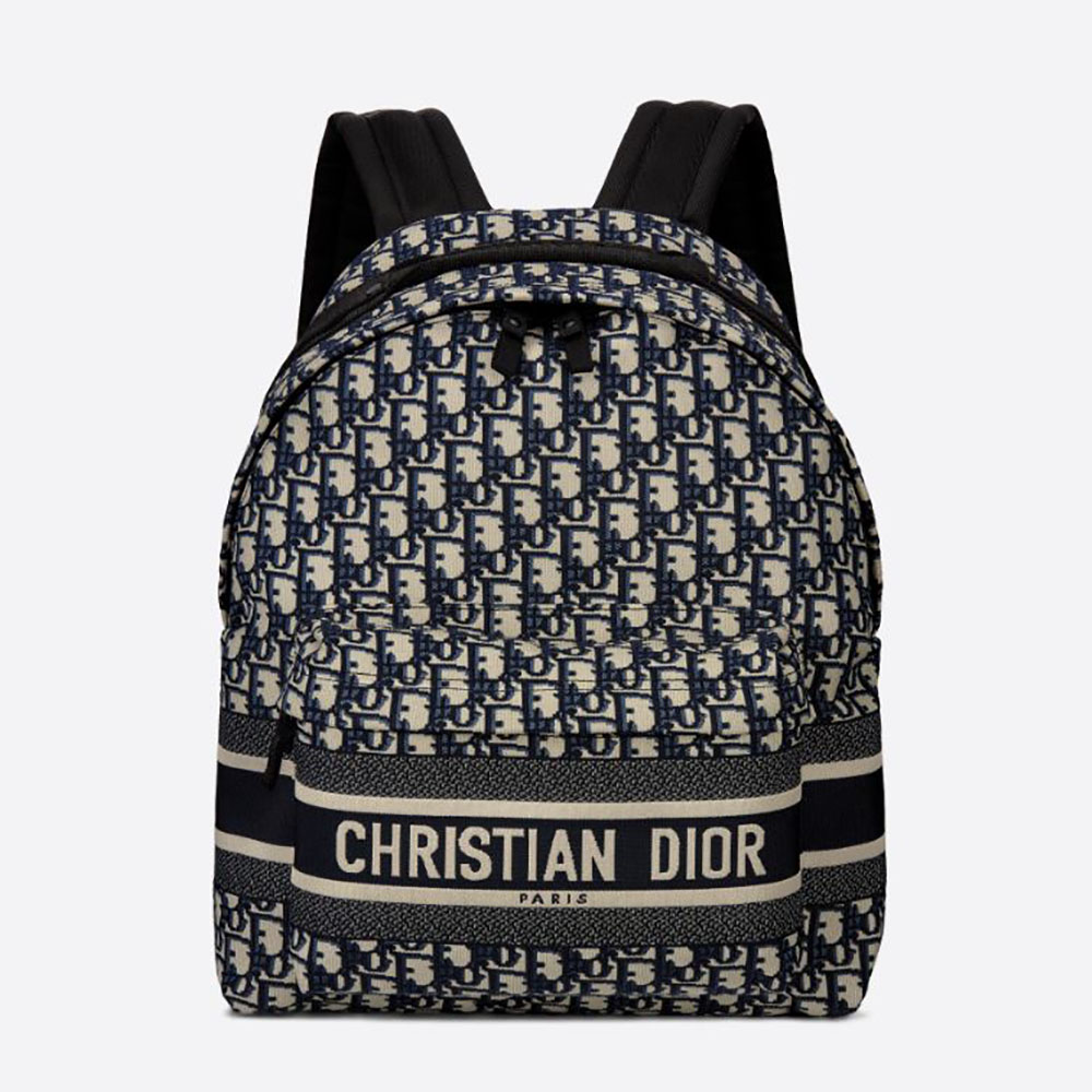 Front view of Dior Men Travel Backpack in blue Dior Oblique jacquard