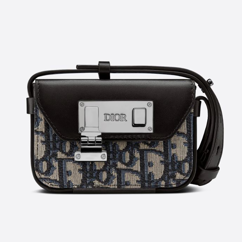 Front view of Dior Men Nano Pouch Beige and Black Dior Oblique Jacquard