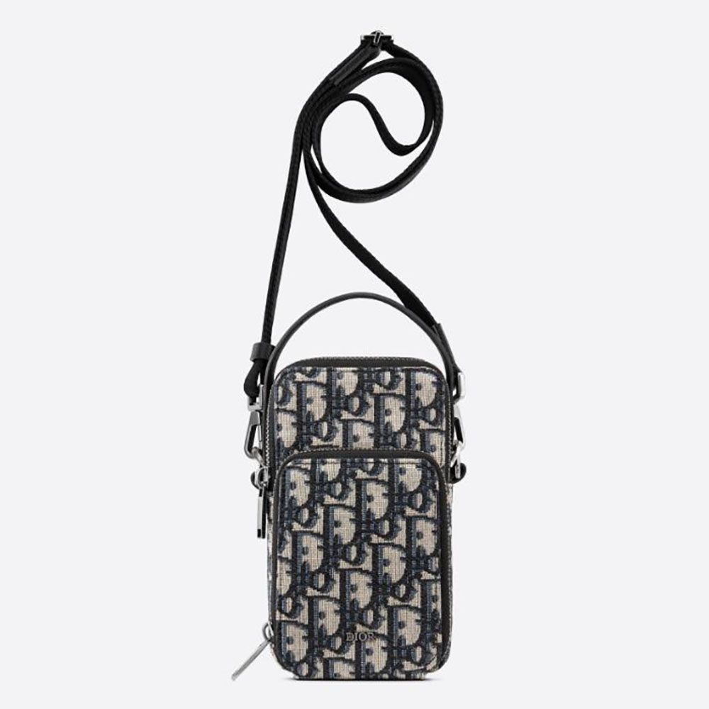 Front view of Dior Men Pouch Beige and Black Dior Oblique Jacquard Canvas