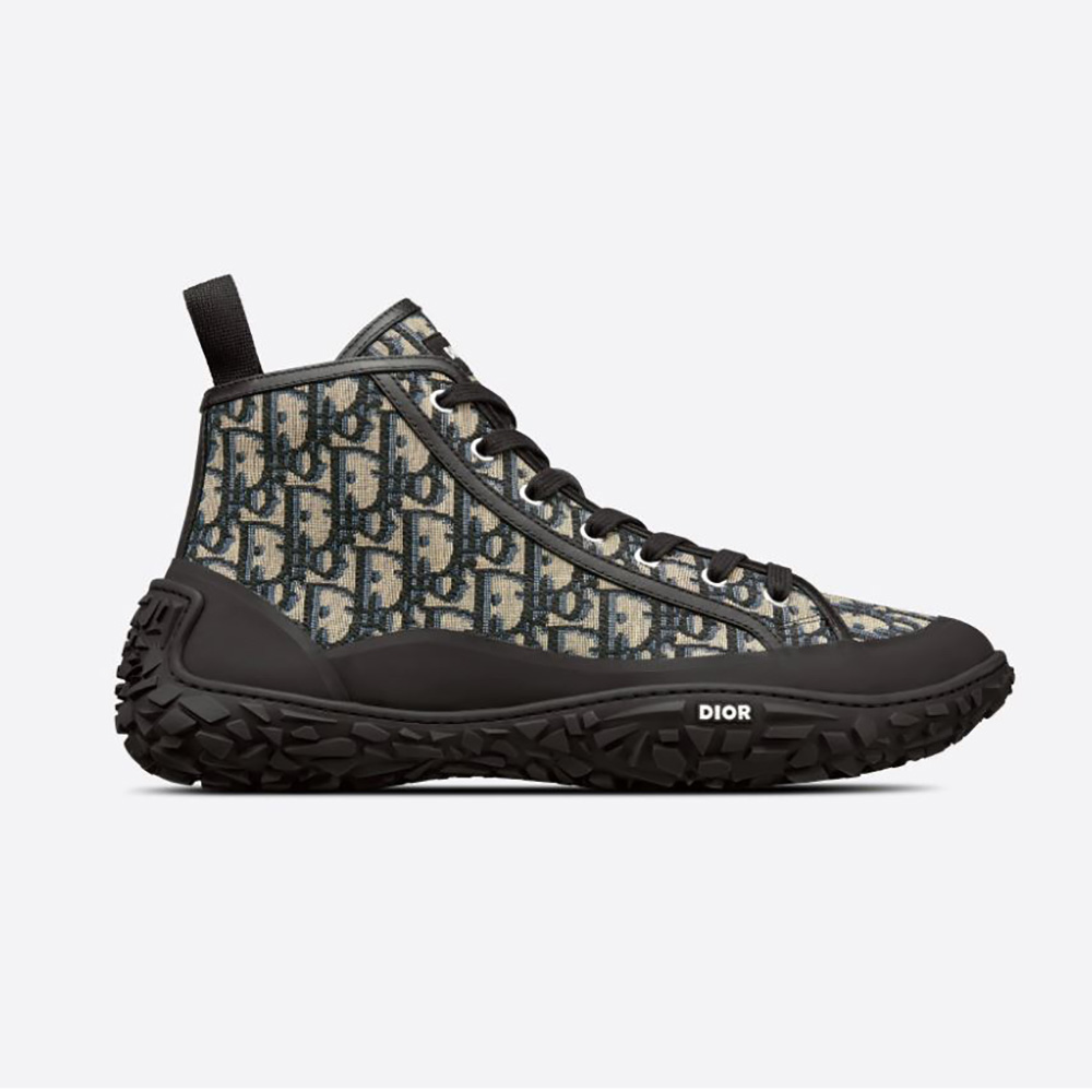 Side view of Dior Unisex B28 High-top Sneaker in beige and black jacquard