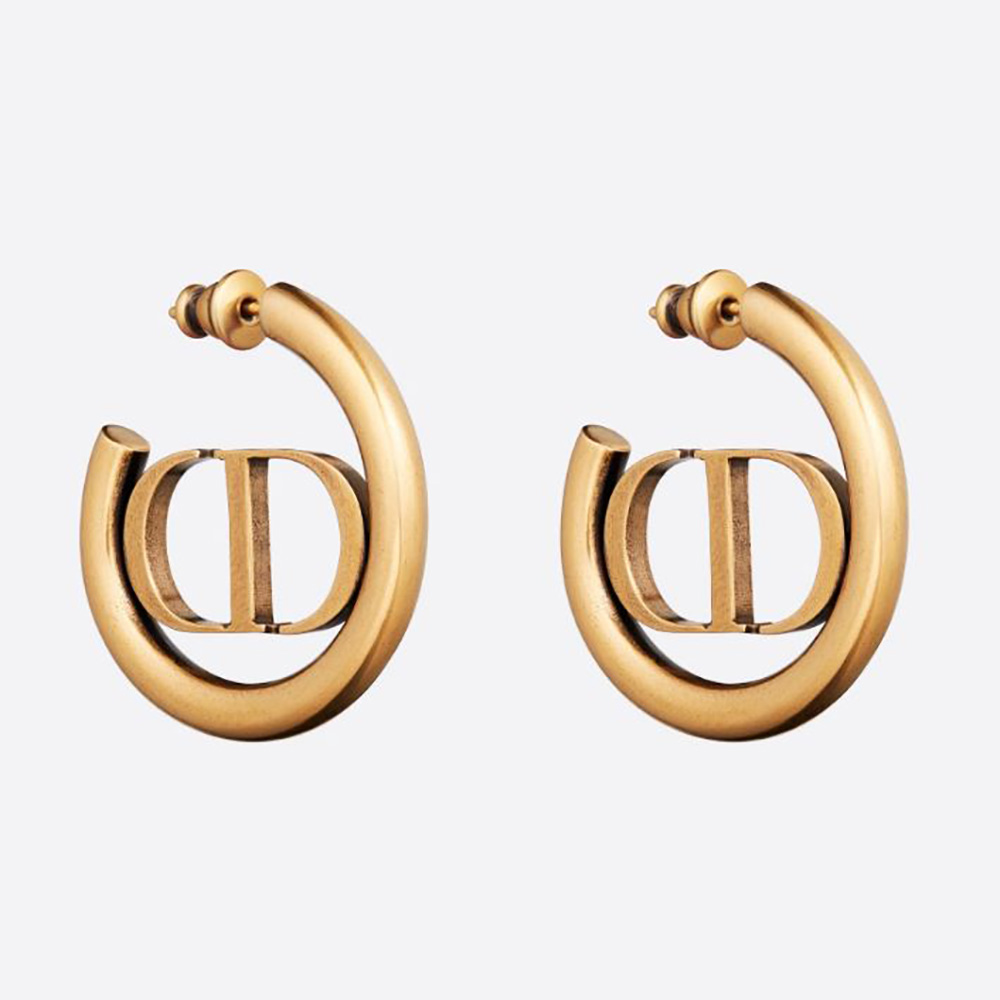Front view of Dior Women 30 Montaigne Hoop Earrings Antique Gold-Finish Metal