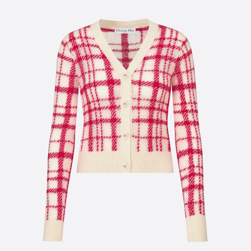 Front view of Dior Women Buttoned Cardigan Raspberry and Ecru Check’n’Dior Pop Technical Wool