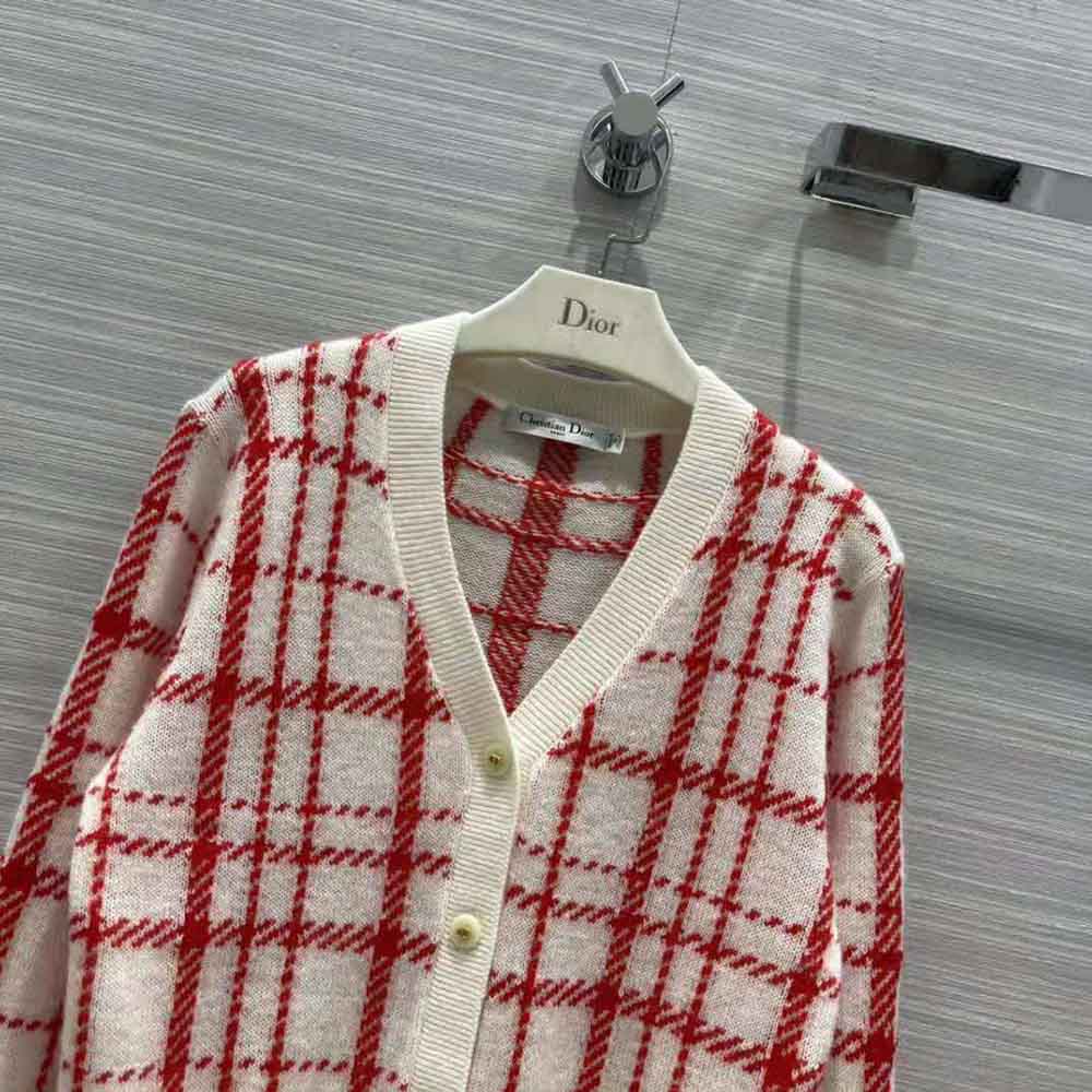 Dior Women Buttoned Cardigan Raspberry and Ecru Check’n’Dior Pop Technical Wool - image 4