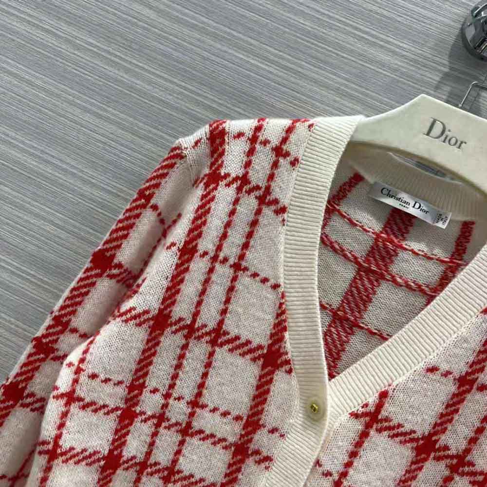 Dior Women Buttoned Cardigan Raspberry and Ecru Check’n’Dior Pop Technical Wool - image 5