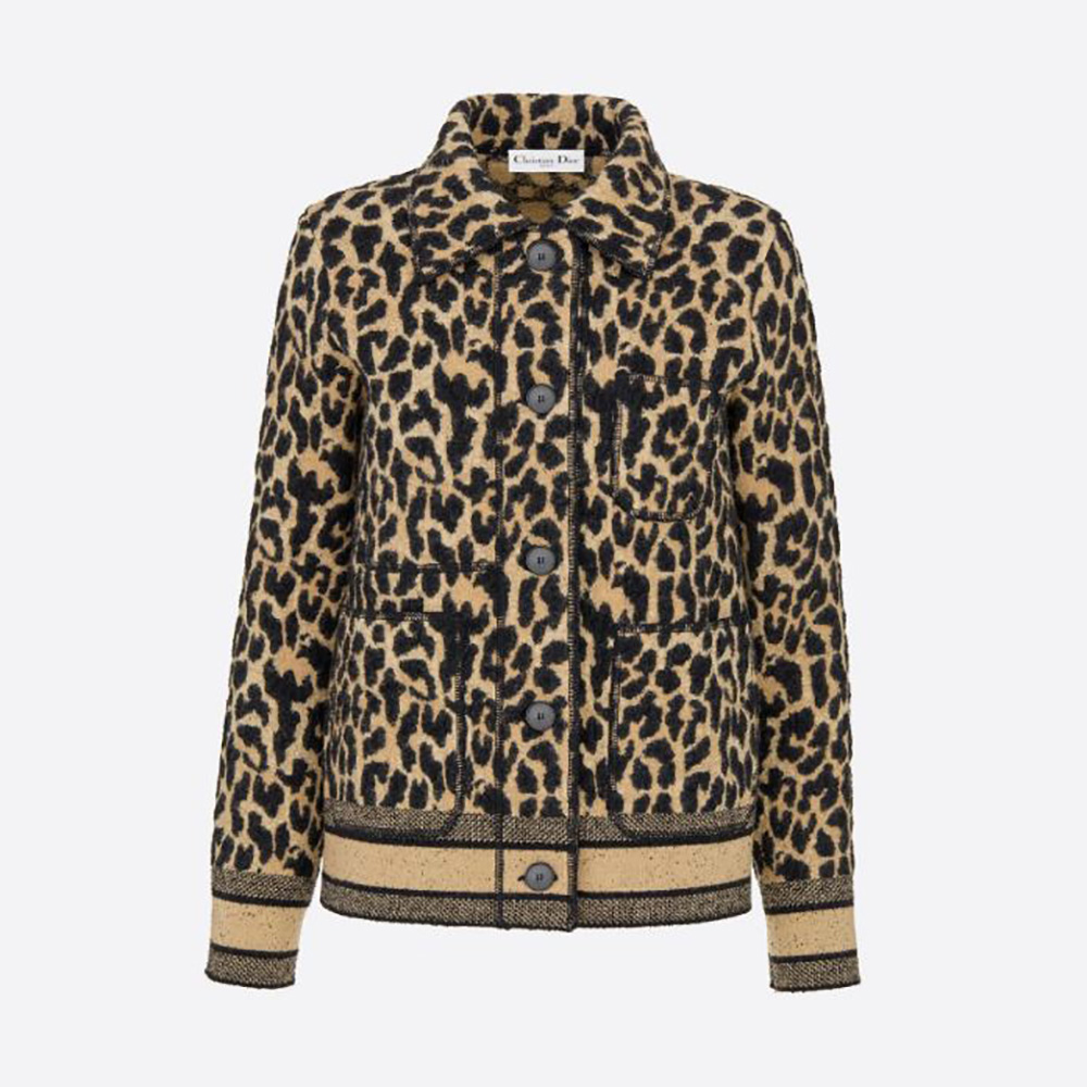 Front view of Dior Women Caro Jacket Beige Multicolor Mizza Technical Wool Knit