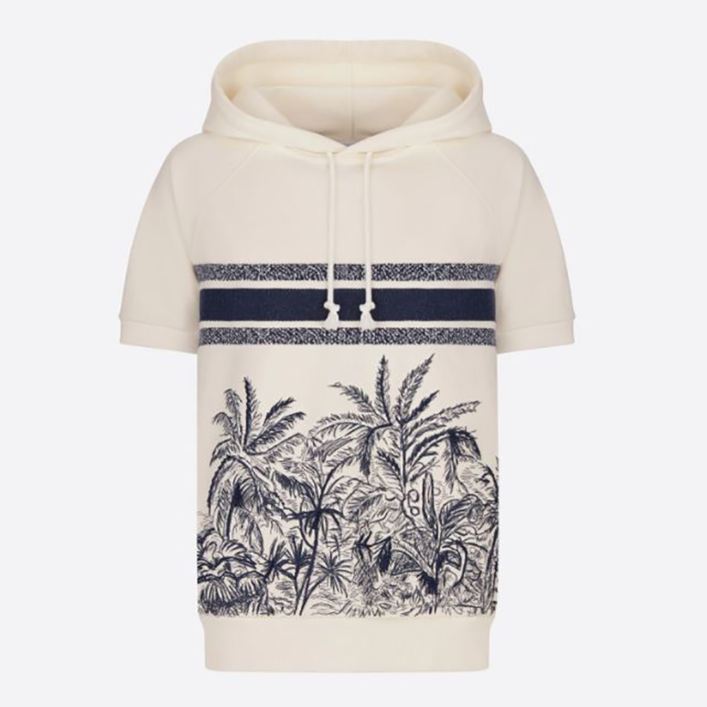 Front view of Dior Women Chez Moi Short-Sleeved Hooded Sweatshirt in white