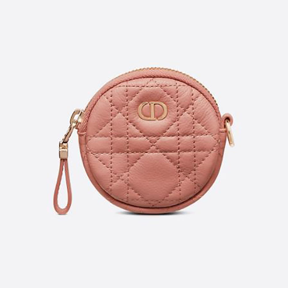 Front view of Dior Women Detachable Dior Caro Round Coin Purse-Pink with zipper