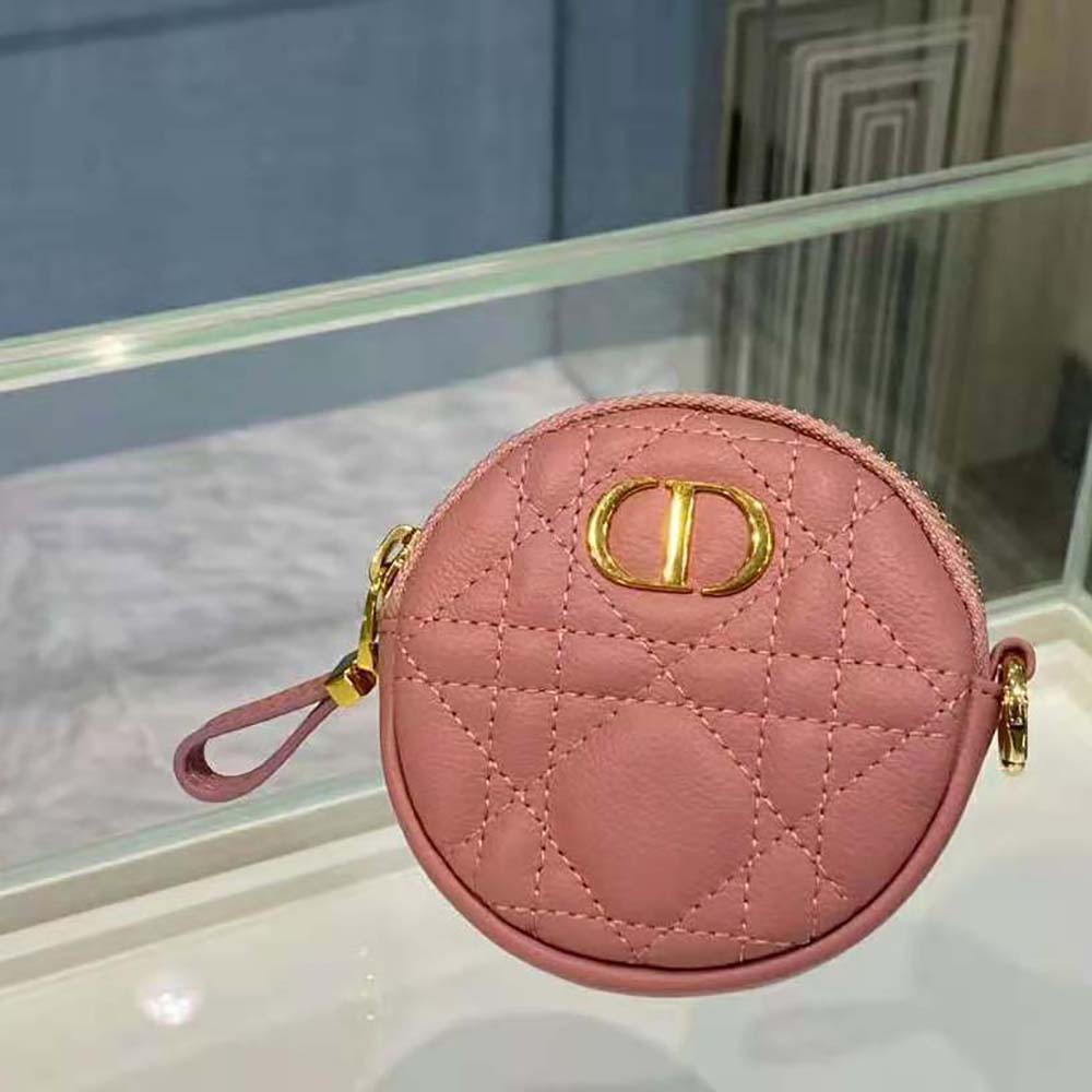 Side angle showing detachable strap and silver hardware of Dior coin purse