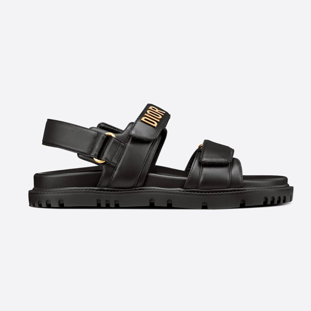 Front angle of Dior Women Dioract Sandal Black Lambskin showing sleek silhouette