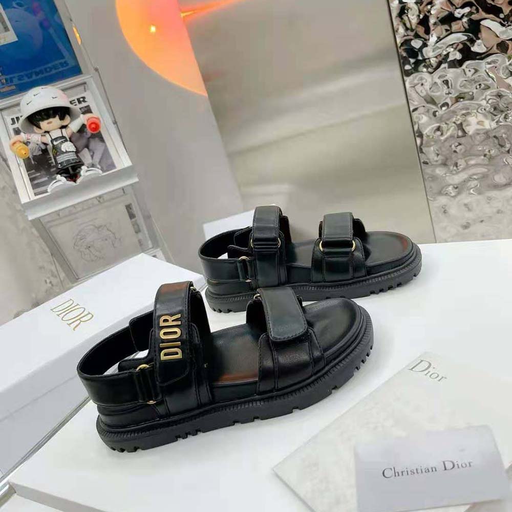 Close-up of silver buckle detail on Dior Women Dioract Sandal Black Lambskin