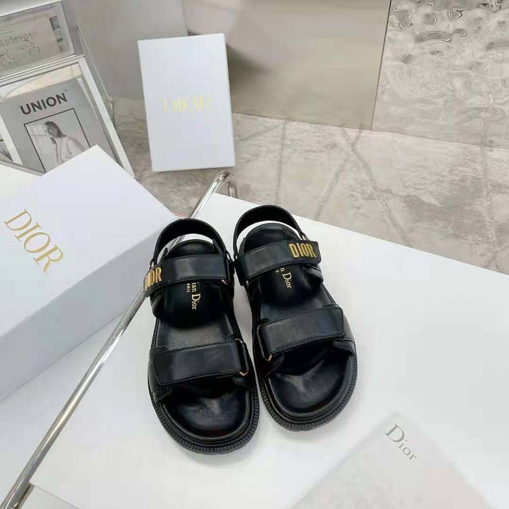 Side view of Dior Women Dioract Sandal Black Lambskin highlighting soft lambskin