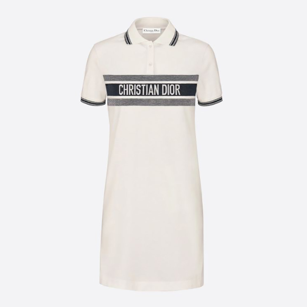 Front view of Dior Women Dioriviera Polo Shirt Dress White and Navy Blue Cotton Jersey