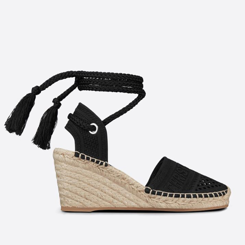 Side view of Dior Women Granville Wedge Espadrille black mesh embroidery