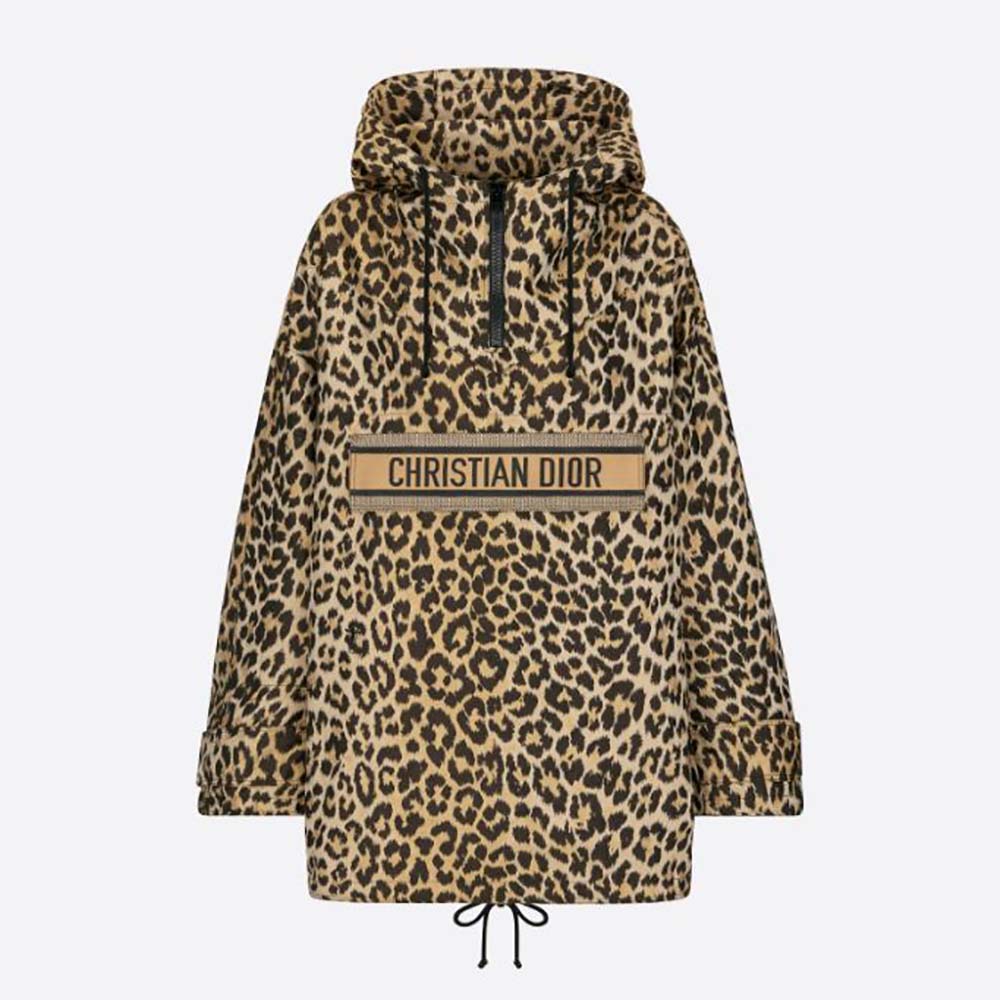 Front view of Dior Women Hooded Anorak Beige Multicolor Mizza with hood up