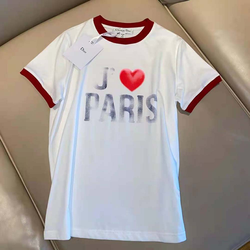Close-up of ‘I Love Paris’ print on white Dior women’s T-shirt