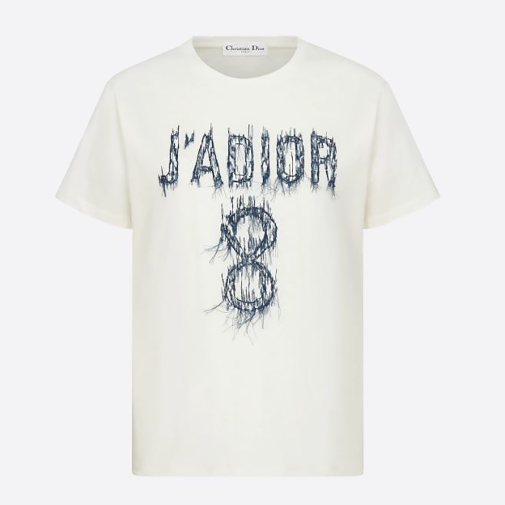 Front view of Dior Women J Adior 8 Embroidered T-shirt showing navy embroidery