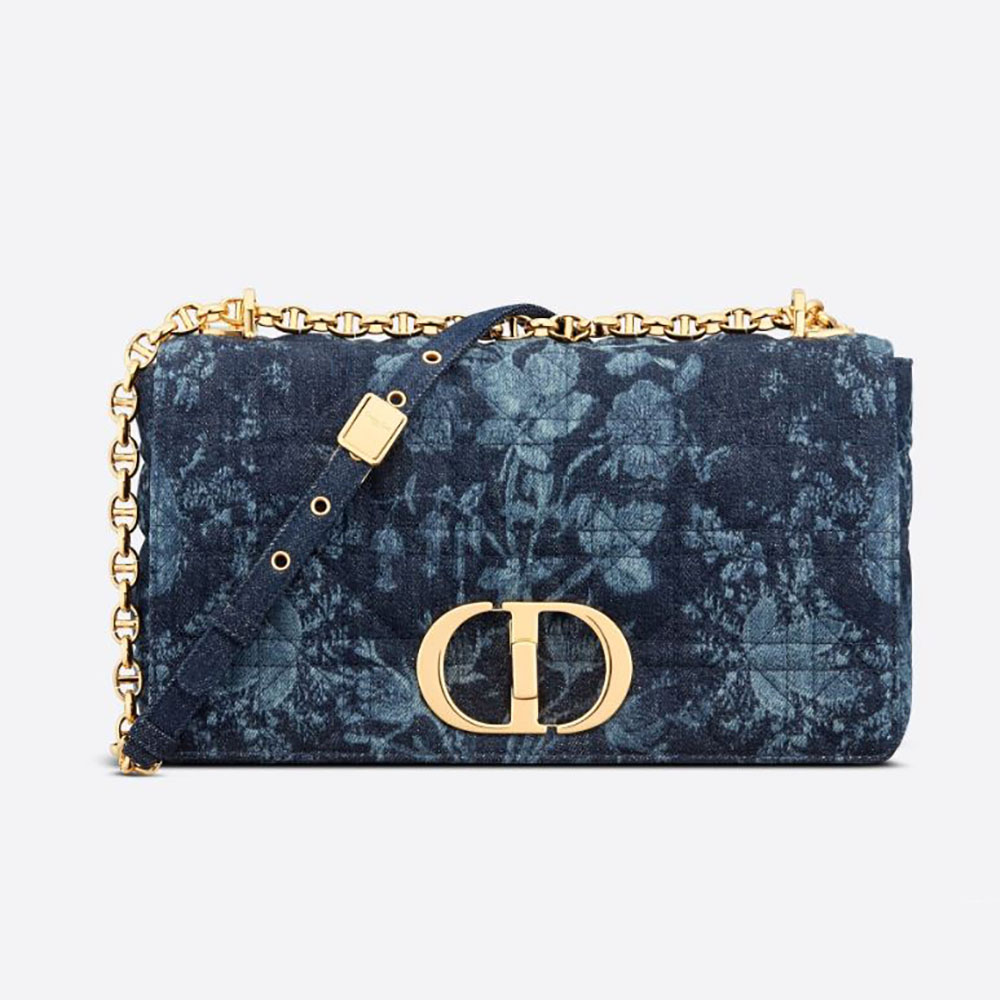 Front view of Dior Women Large Dior Caro Bag Blue Dior Flowers Cannage Denim