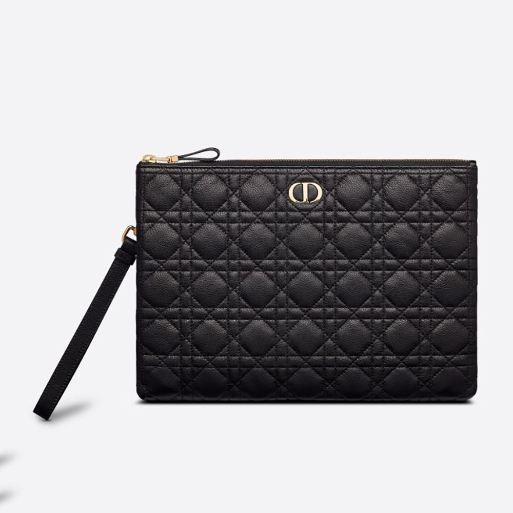 Front view of Dior Women Large Dior Caro Daily Pouch in black calfskin