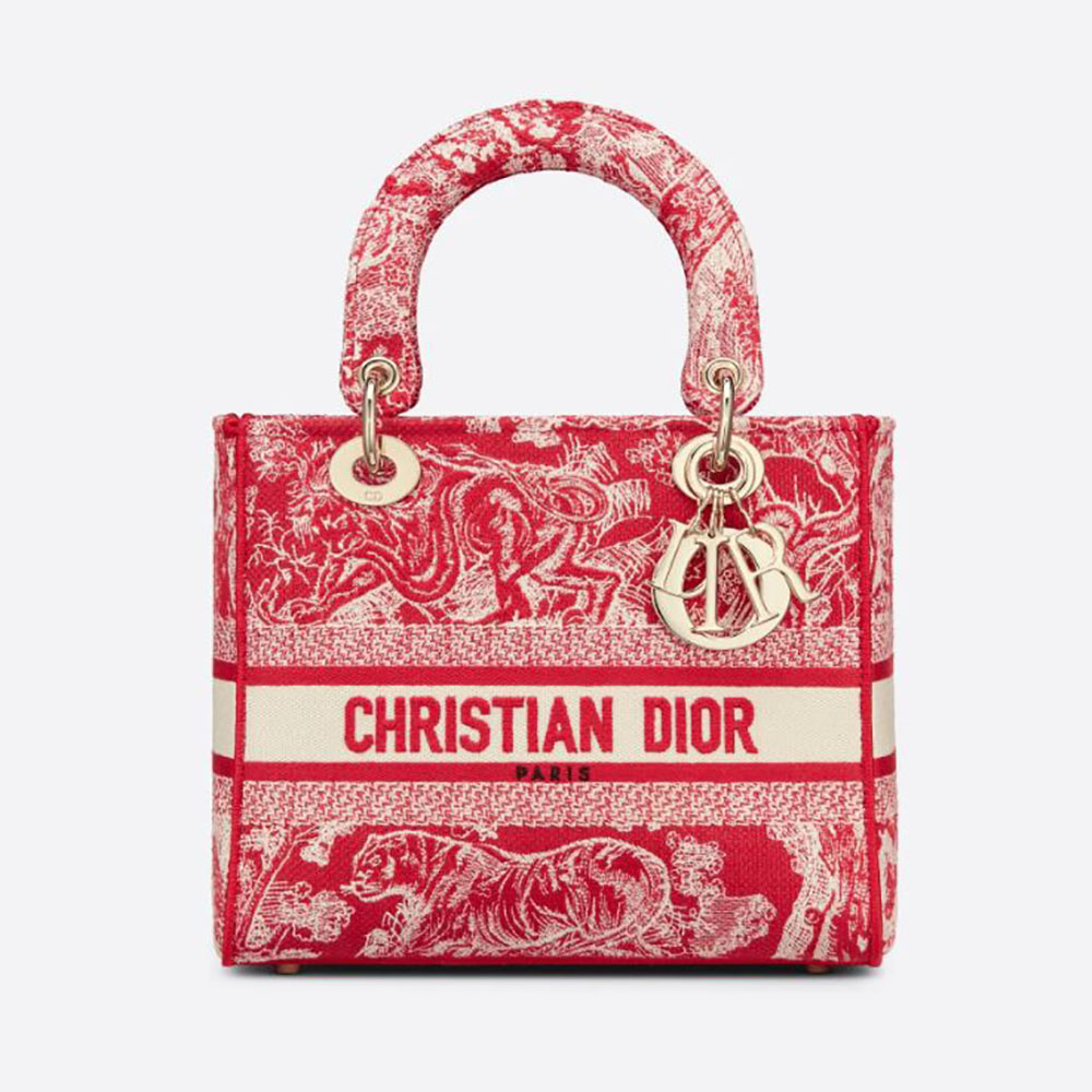 Front view of Dior Women Medium Lady D-Lite Bag Raspberry Toile de Jouy Reverse Embroidery
