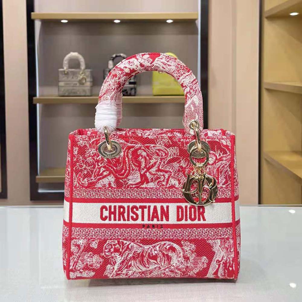 Close-up of silver-tone hardware and Dior charms on Lady D-Lite Bag