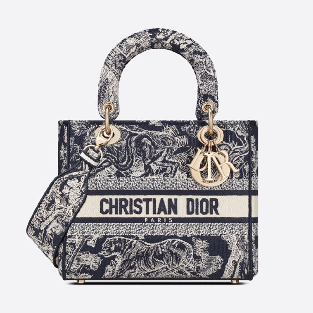 Front view of Dior Women Medium Lady D-lite Bag Blue Toile de Jouy Reverse Embroidery