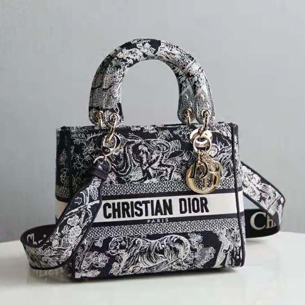 Close-up detail of Dior embroidery and silver-tone hardware on Lady D-lite Bag