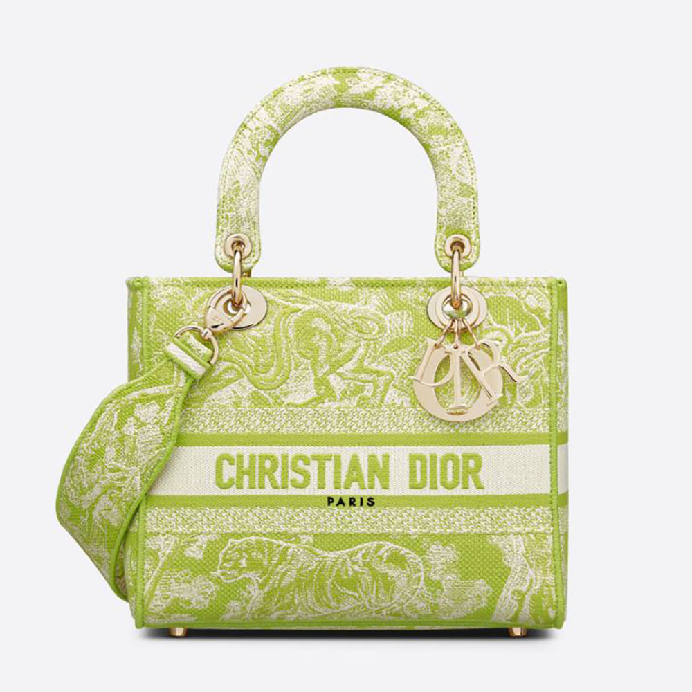 Front view of Dior Women Medium Lady D-lite Bag Lime Toile de Jouy Reverse Embroidery