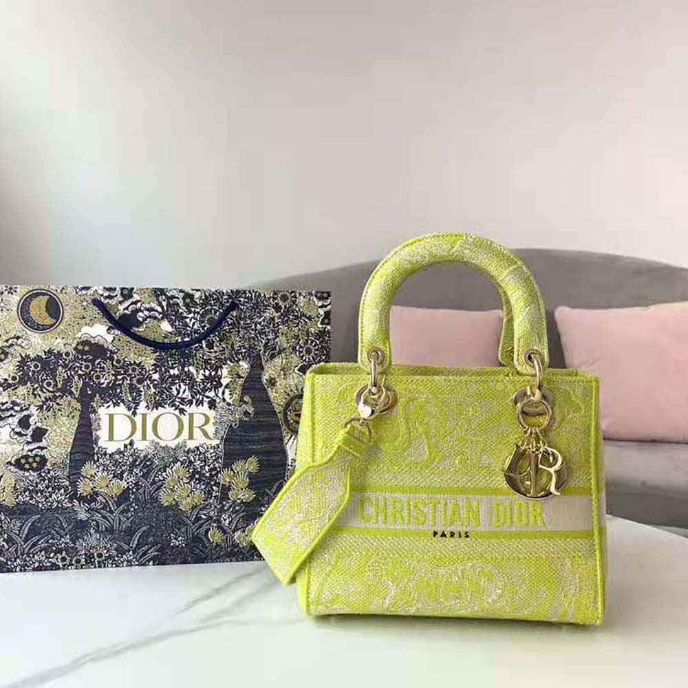 Side angle showing silver hardware on Dior Women Medium Lady D-lite Bag Lime