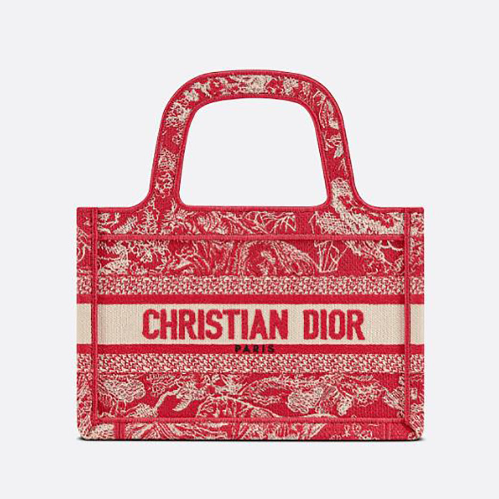 Front view of Dior Women Mini Dior Book Tote Fuchsia Toile de Jouy Reverse Embroidery