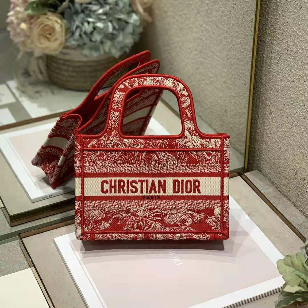Close-up detail of reverse embroidery on Dior Women Mini Dior Book Tote