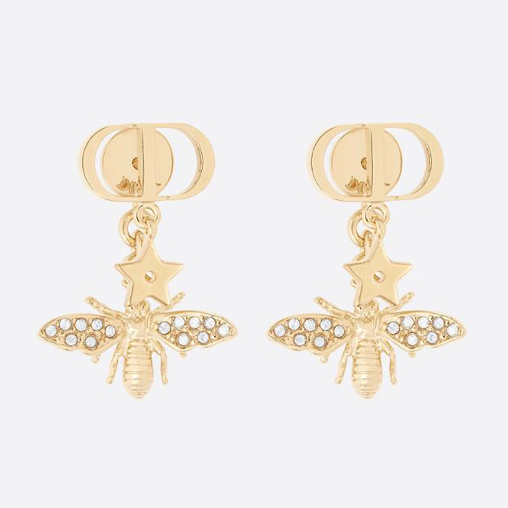Front view of Dior Women Petit CD Earrings Gold-Finish Metal and White Crystals