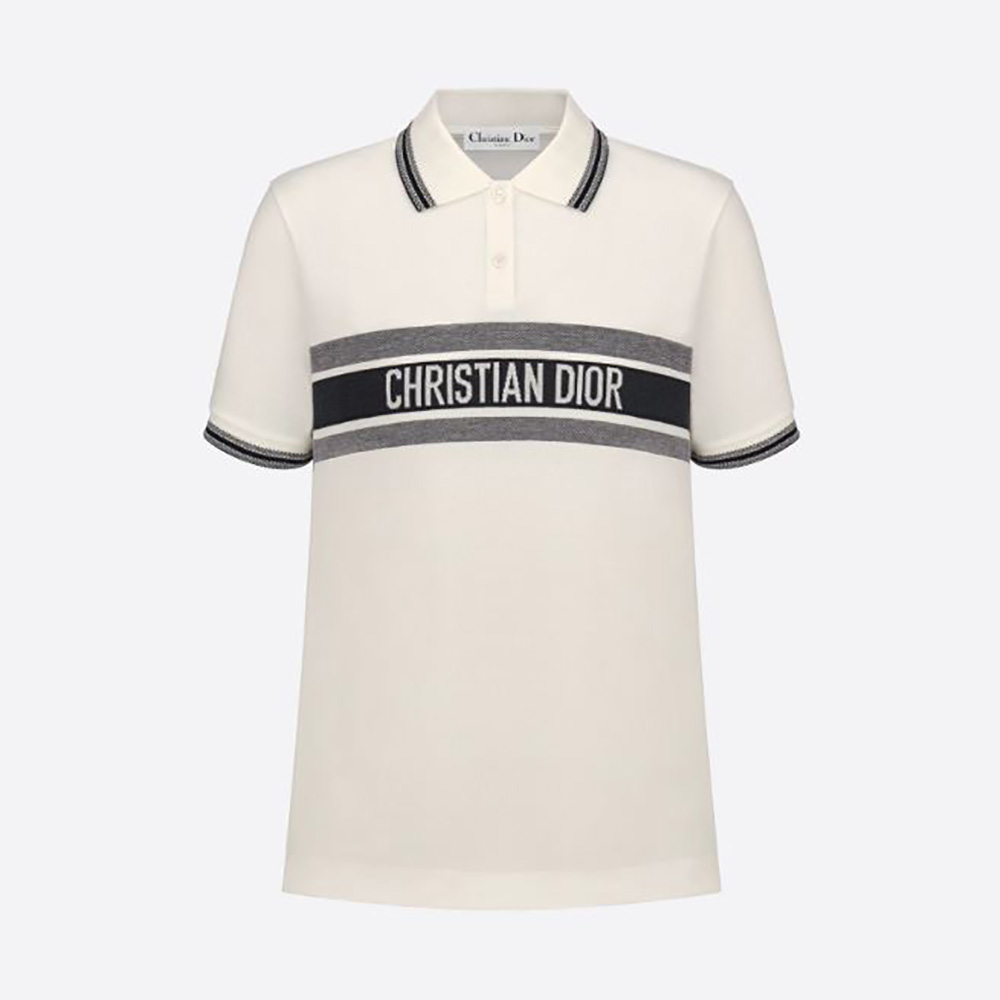 Front view of Dior Women Polo Shirt White and Navy Blue Cotton Jersey