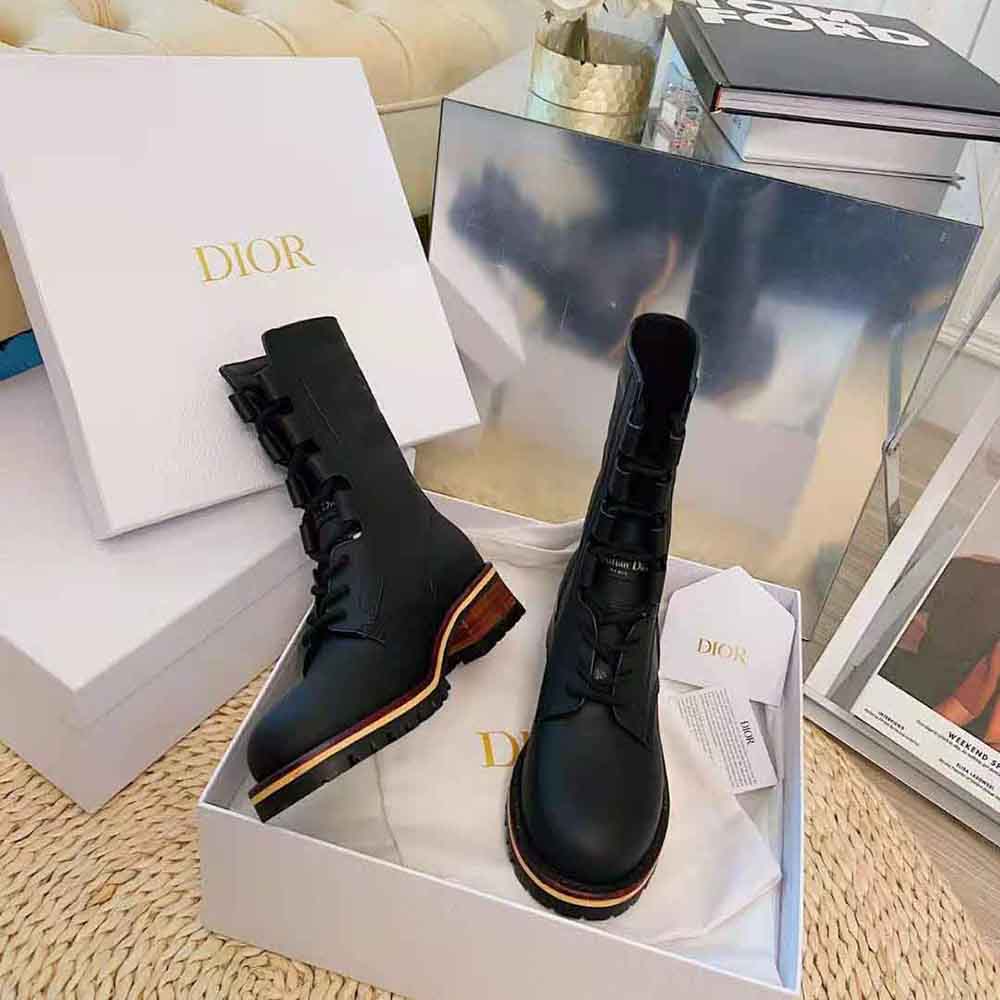 Back view of Dior Women Quest Boot Black Embossed Calfskin highlighting zipper