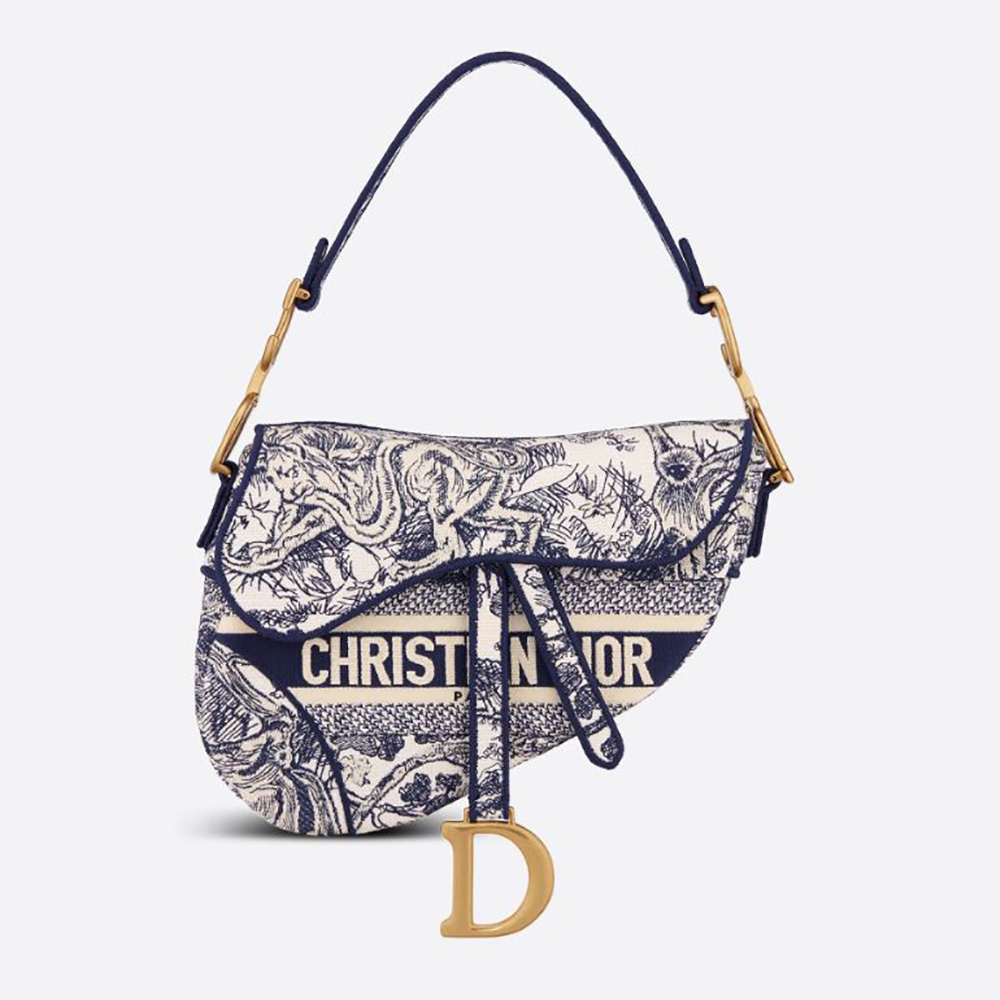 Front view of Dior Women Saddle Bag Blue Toile de Jouy Embroidery showing flap