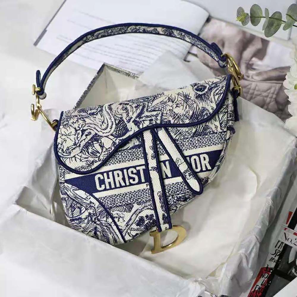 Close-up on embroidered toile de Jouy fabric detail of Dior Women Saddle Bag