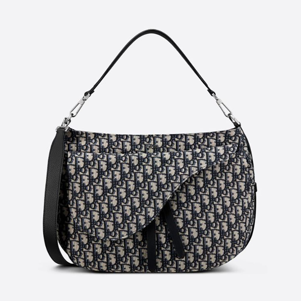 Front view of Dior Women Saddle Soft Bag Beige and Black Dior Oblique Jacquard