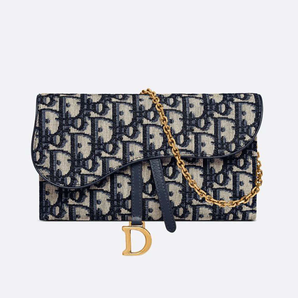 Front view of Dior Women Saddle Wallet Blue Dior Oblique Jacquard