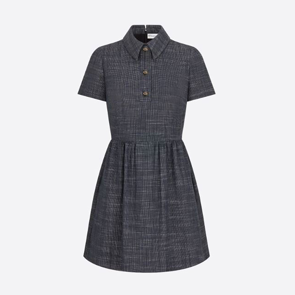 Front view of Dior Women Short Dress Blue-Gray Technical Cotton Canvas and Linen