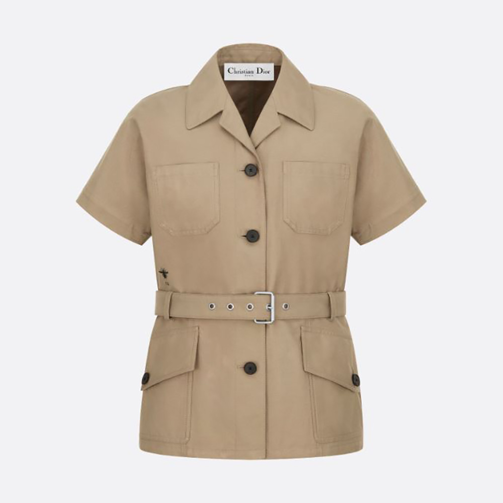 Front view of Dior Women Short-Sleeved Belted Jacket in beige cotton gabardine