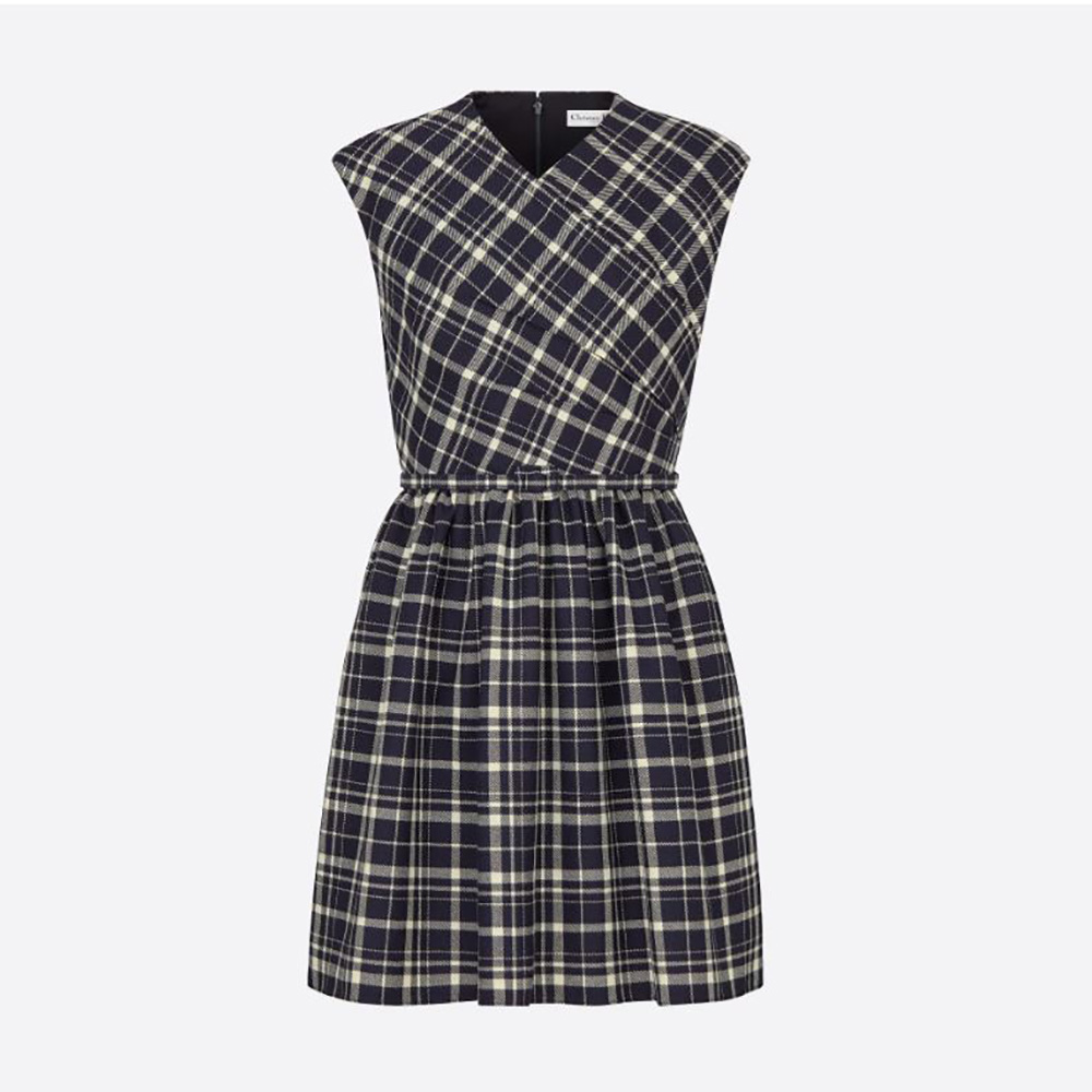 Front view of Dior Women Short Wrap-Over Dress Navy Blue Check’n’Dior Pop Wool Twill