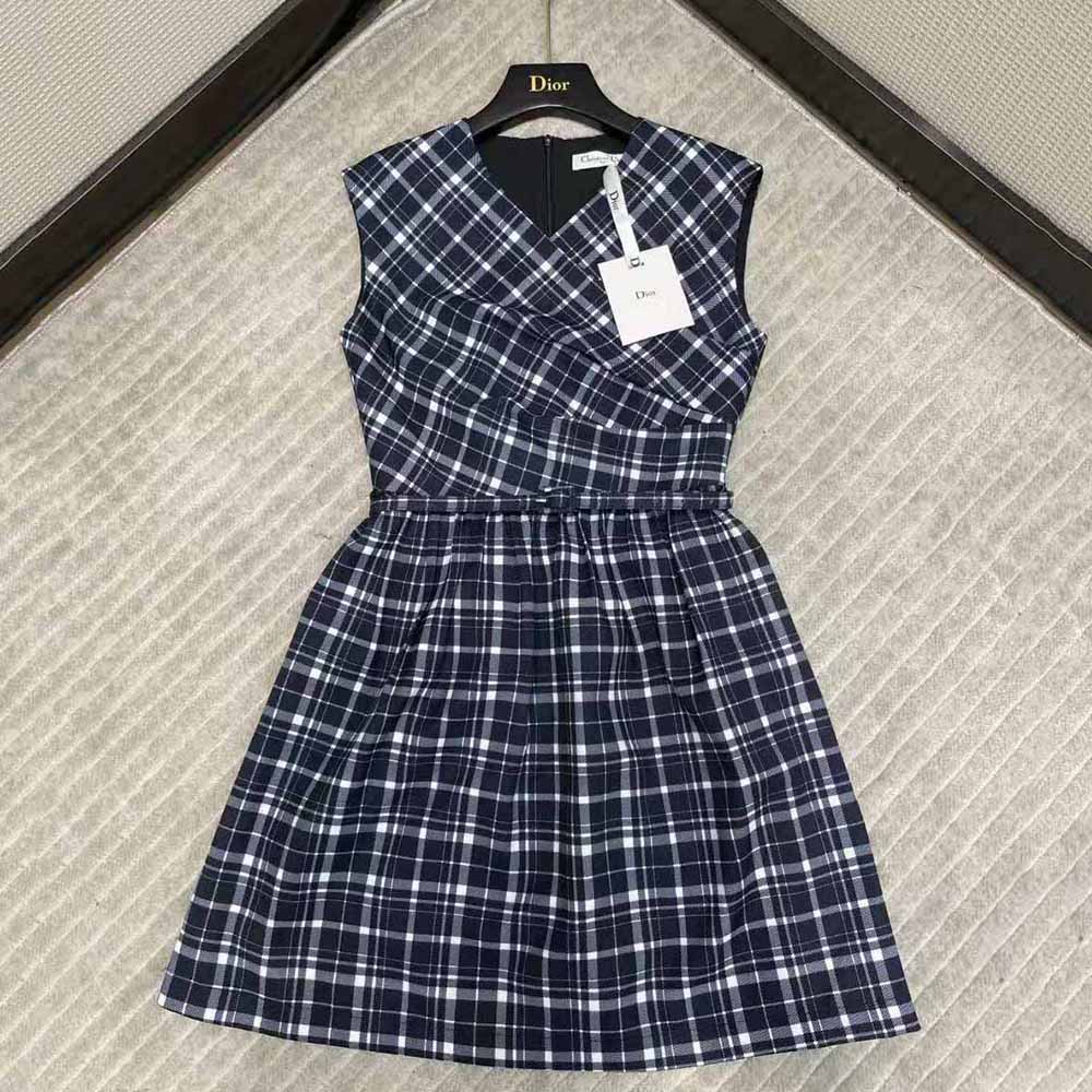 Close-up detail of navy check pattern on Dior Women Short Wrap-Over Dress