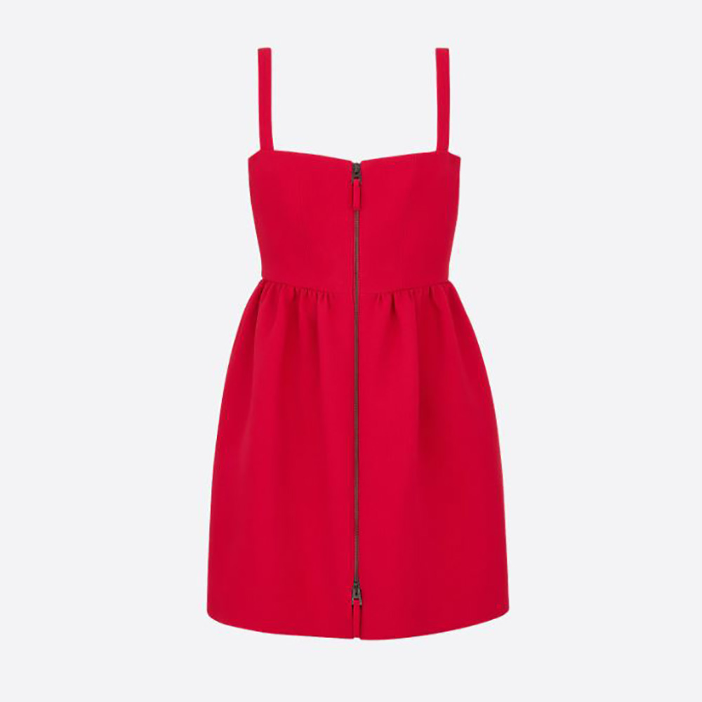Front view of Dior Women Short Zipped Dress Red Double-Sided Wool