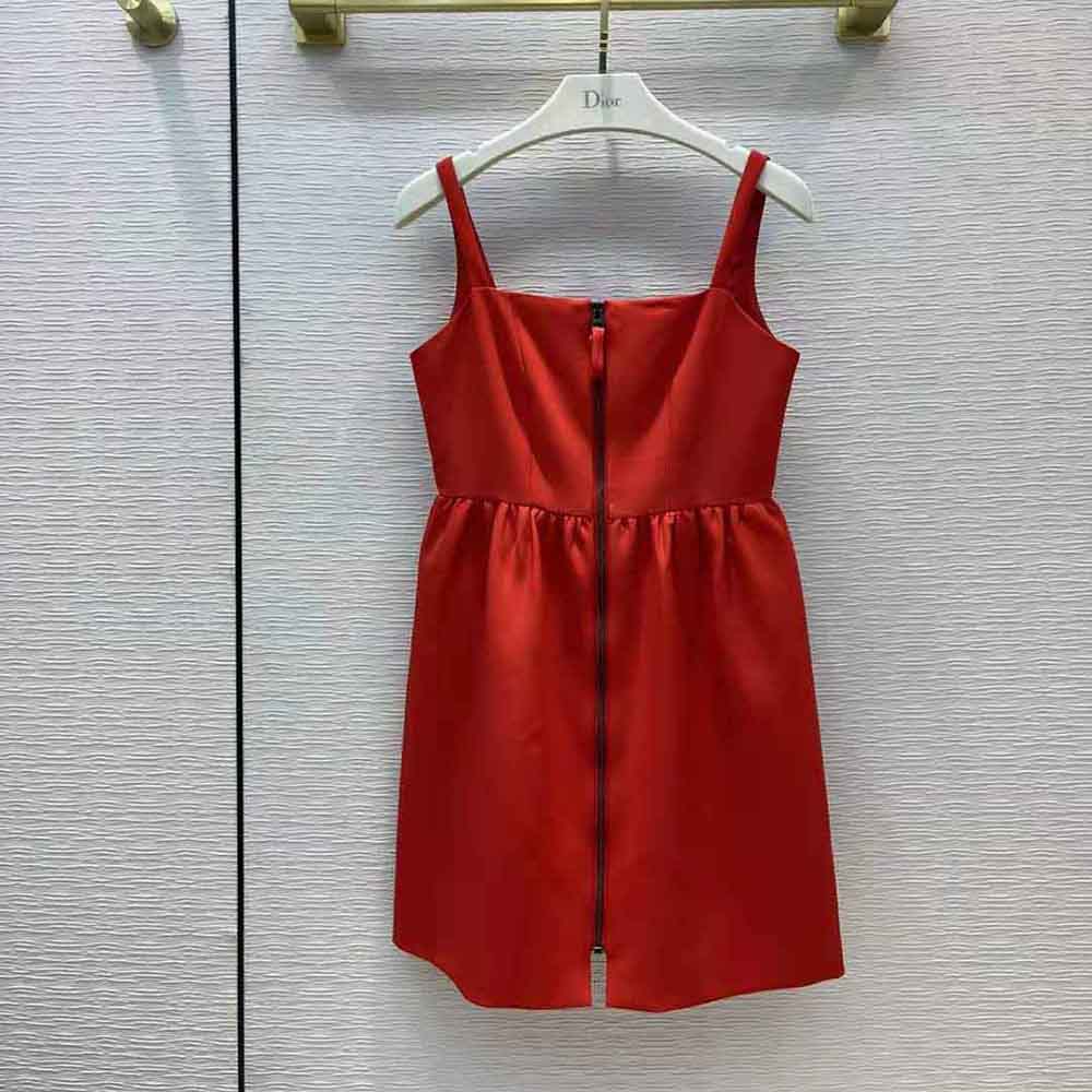 Close-up of silver zipper on Dior Women Short Zipped Dress Red Double-Sided Wool