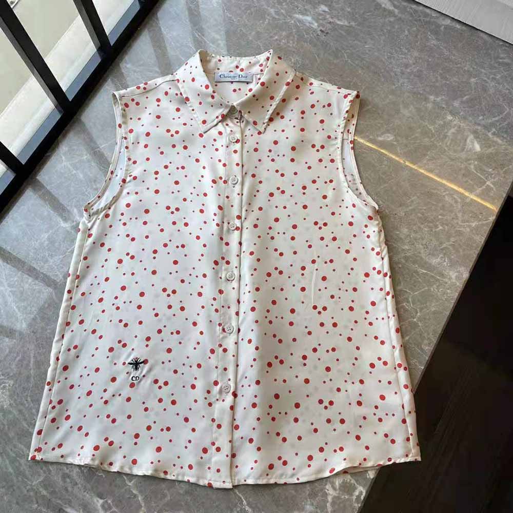 Dior Women Sleeveless Blouse Ecru Habotai Silk with Raspberry Pop Dots - image 9