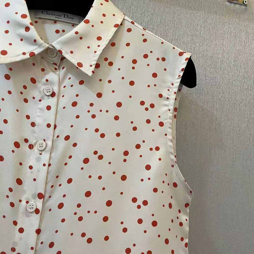Dior Women Sleeveless Blouse Ecru Habotai Silk with Raspberry Pop Dots - image 4