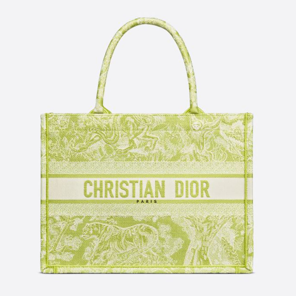 Front view of Dior Women Small Dior Book Tote Lime Toile de Jouy Reverse Embroidery