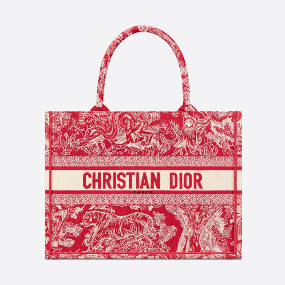 Front view of Dior Women Small Dior Book Tote Raspberry Toile de Jouy Reverse Embroidery