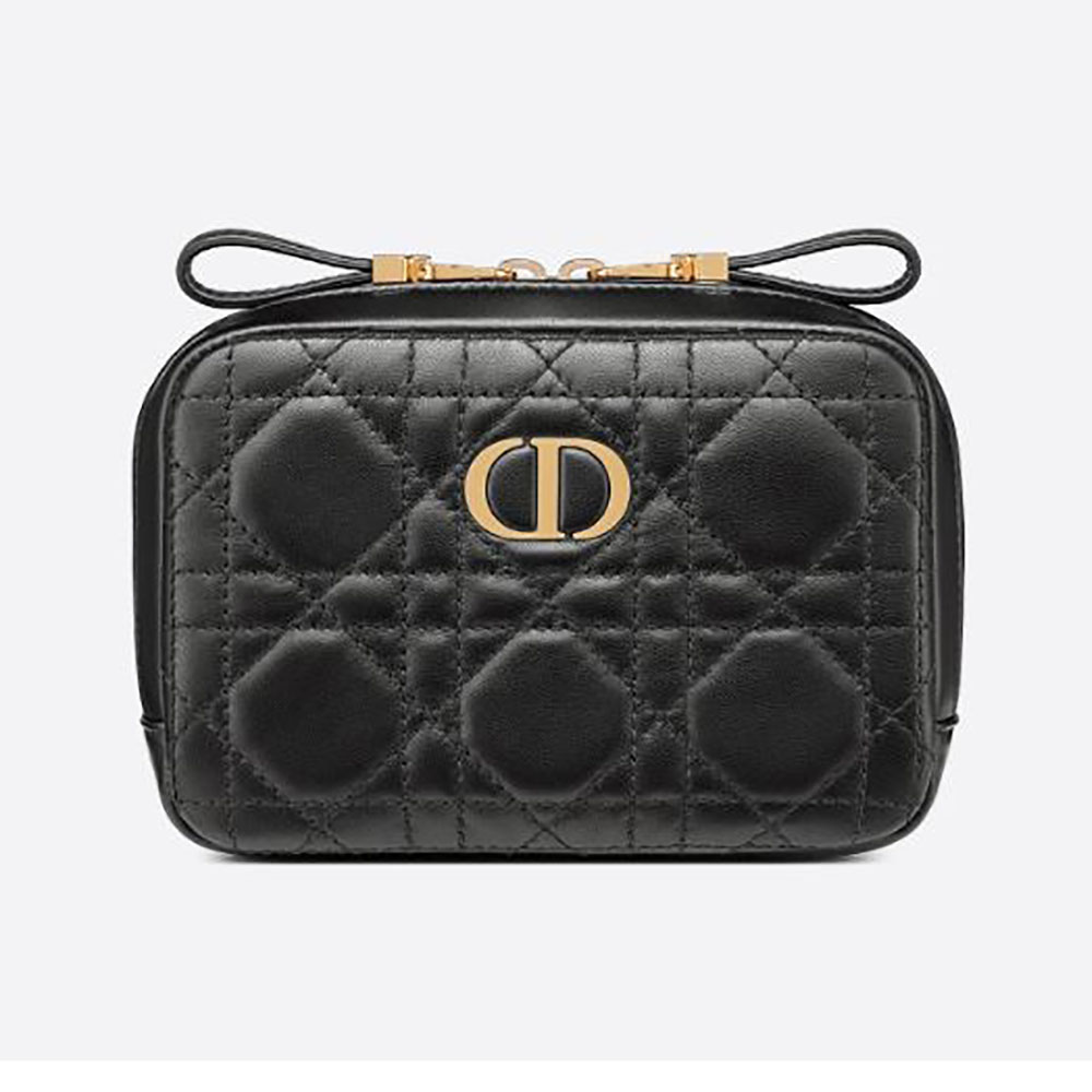 Front view of Dior Women Small Dior Caro Zipped Pouch Black Cannage Lambskin