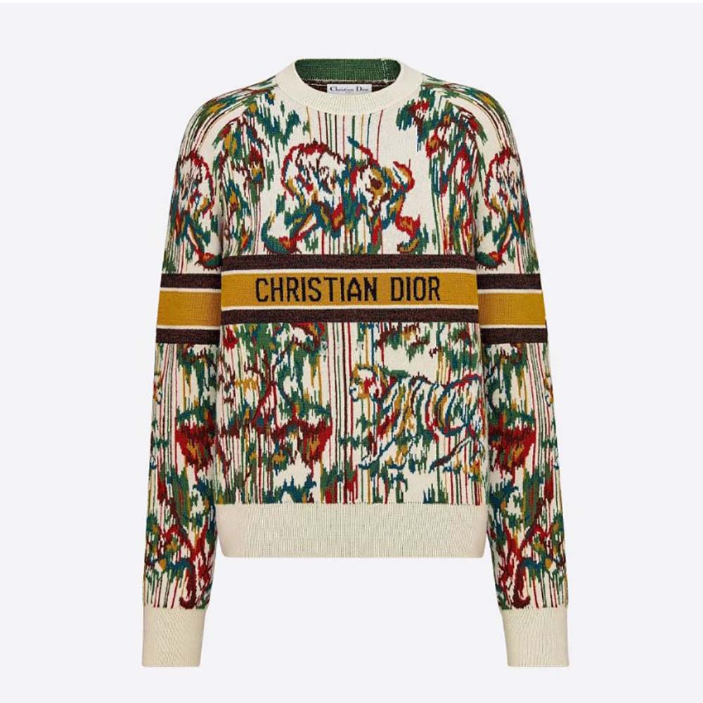 Front view of Dior Women Sweater Multicolor Stretch Cashmere and Wool with Toile de Jouy Motif